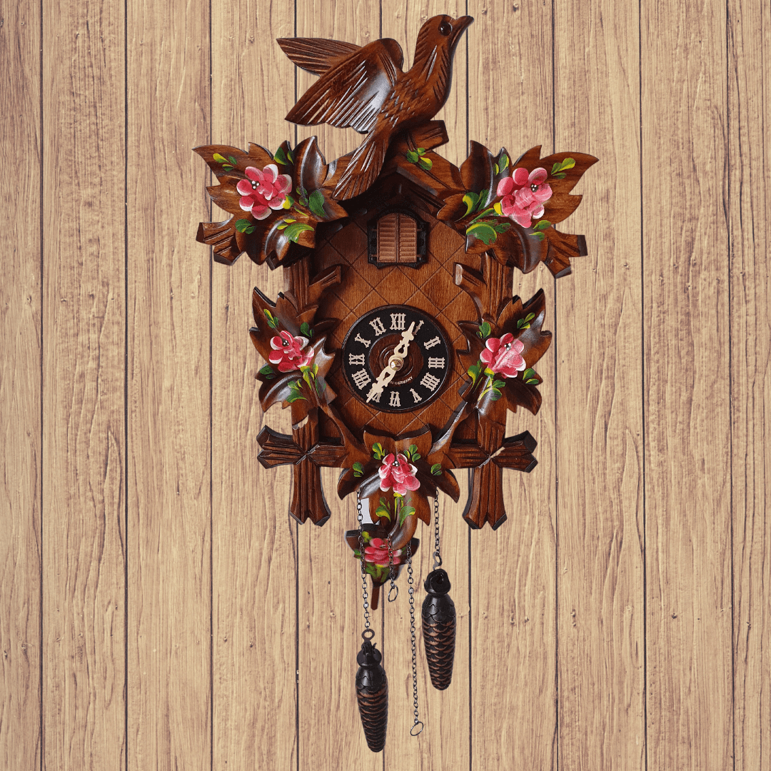 Cuckoo Clock, quartz movement with beautiful colourful pink hand painted flowers. made in Germany, Cuckoo Clock [clocktyme.com] 